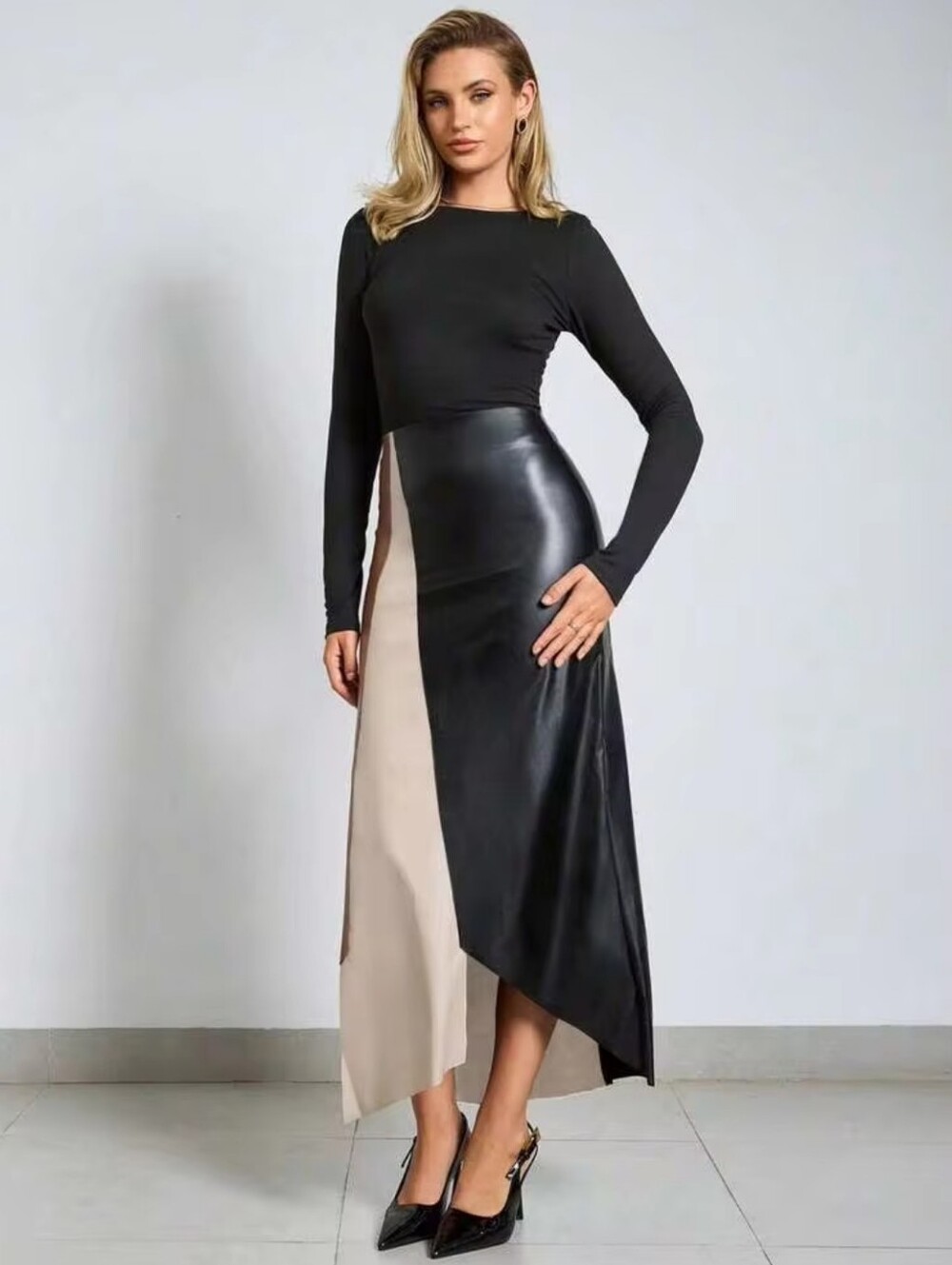 ✨STUNNING Tri-Panel Faux Leather Asymmetric Midi Skirt - Picture 2 of 5